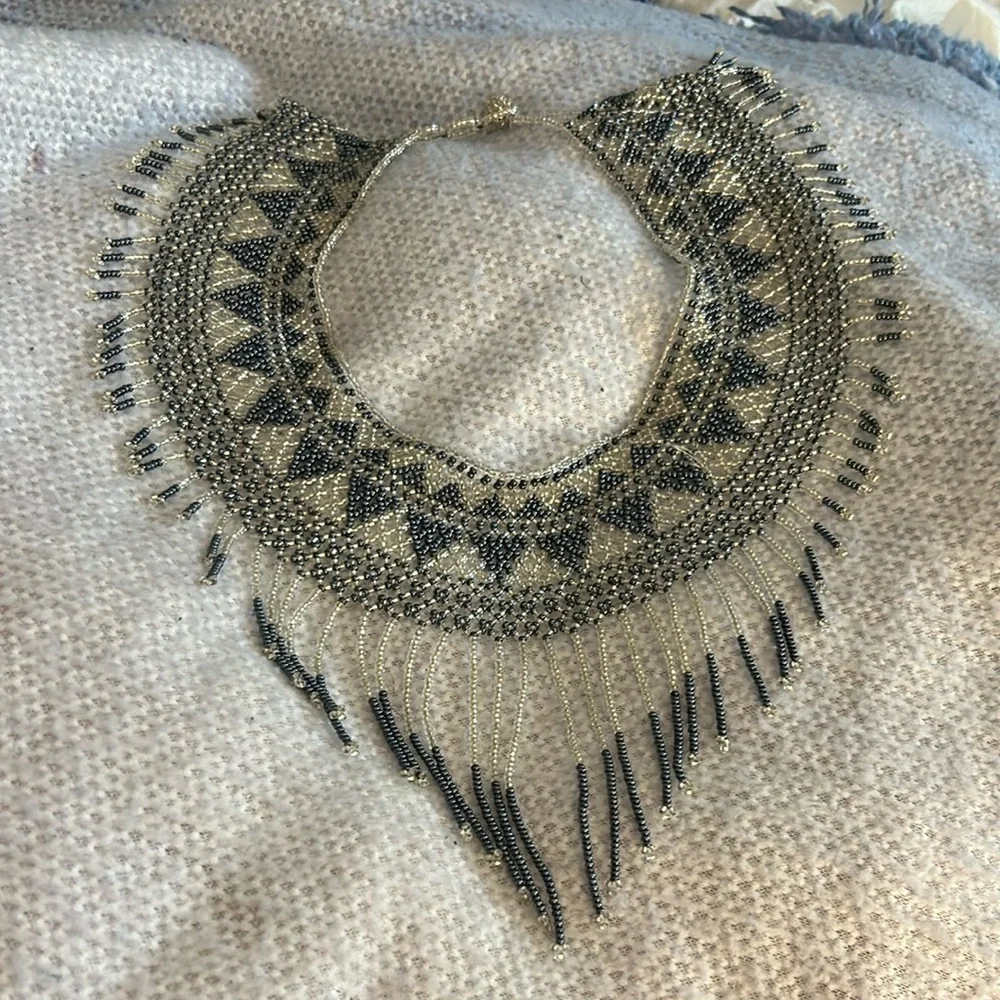 Vintage Beaded Collar Necklace Slate and Silver - Picture 14 of 14
